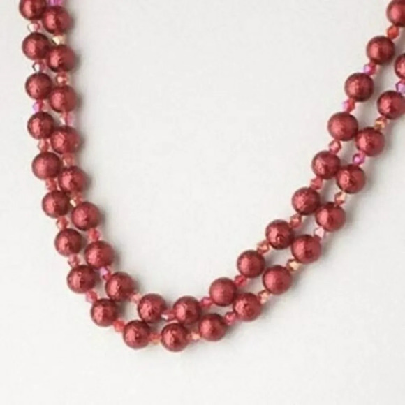 Retro Textured Glass Pearl Opera Length Necklace Red - Picture 2 of 2